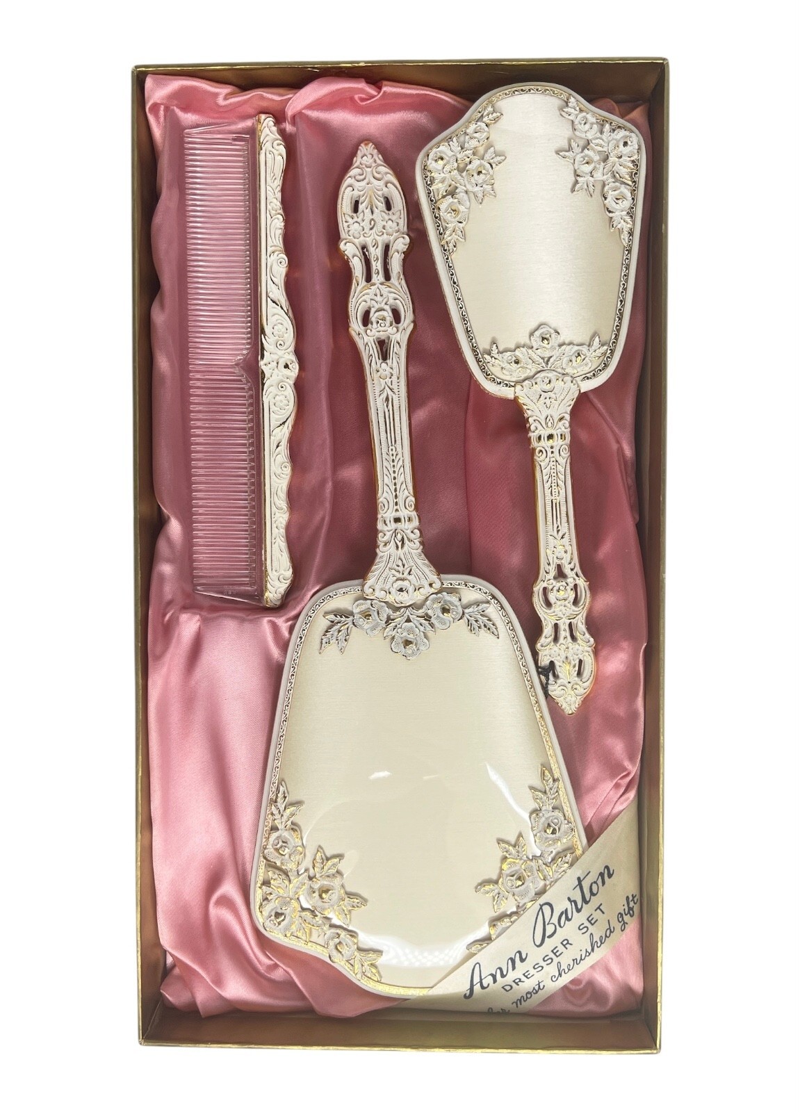 Vtg 50's Ann Barton Vanity Set Ivory Gold 24kt Metal Rose 3 Pc Mirror Brush Comb