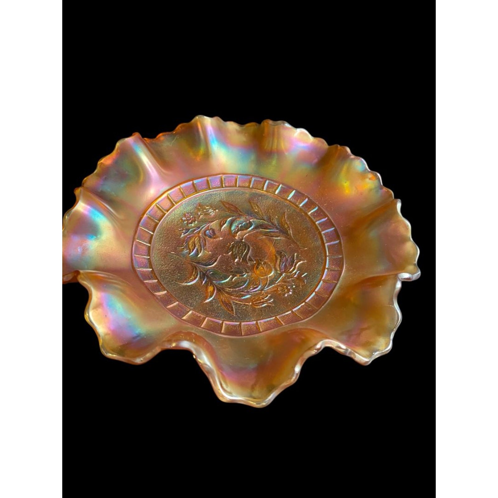 Vintage Dugan Wildflower Marigold Carnival Glass Ruffle 8.75\