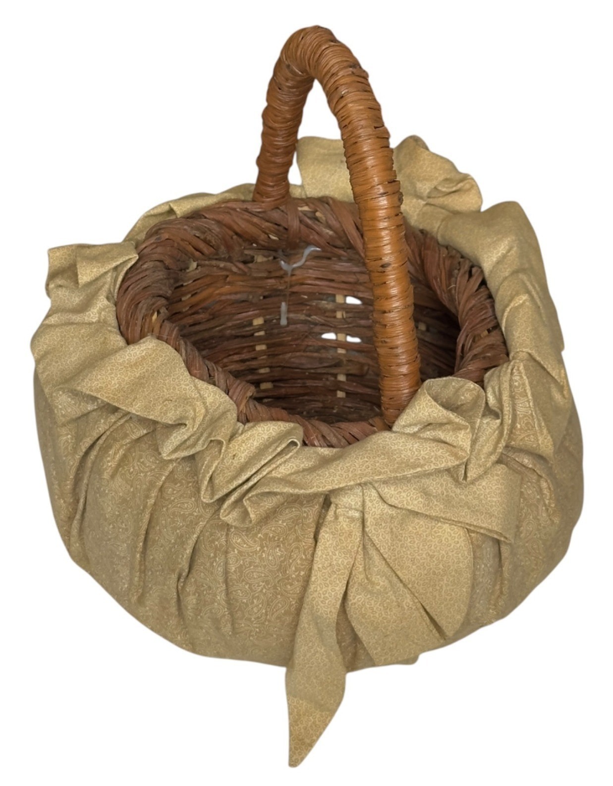 Rustic Woven Wicker Basket Gold Fabric Liner Handle Farmhouse Decor