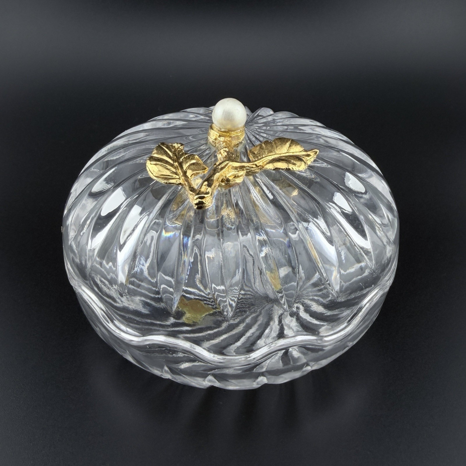 Vintage Lefton Glass Trinket Box Gold Tone Leaves Faux Pearl Lid 1988 Taiwan