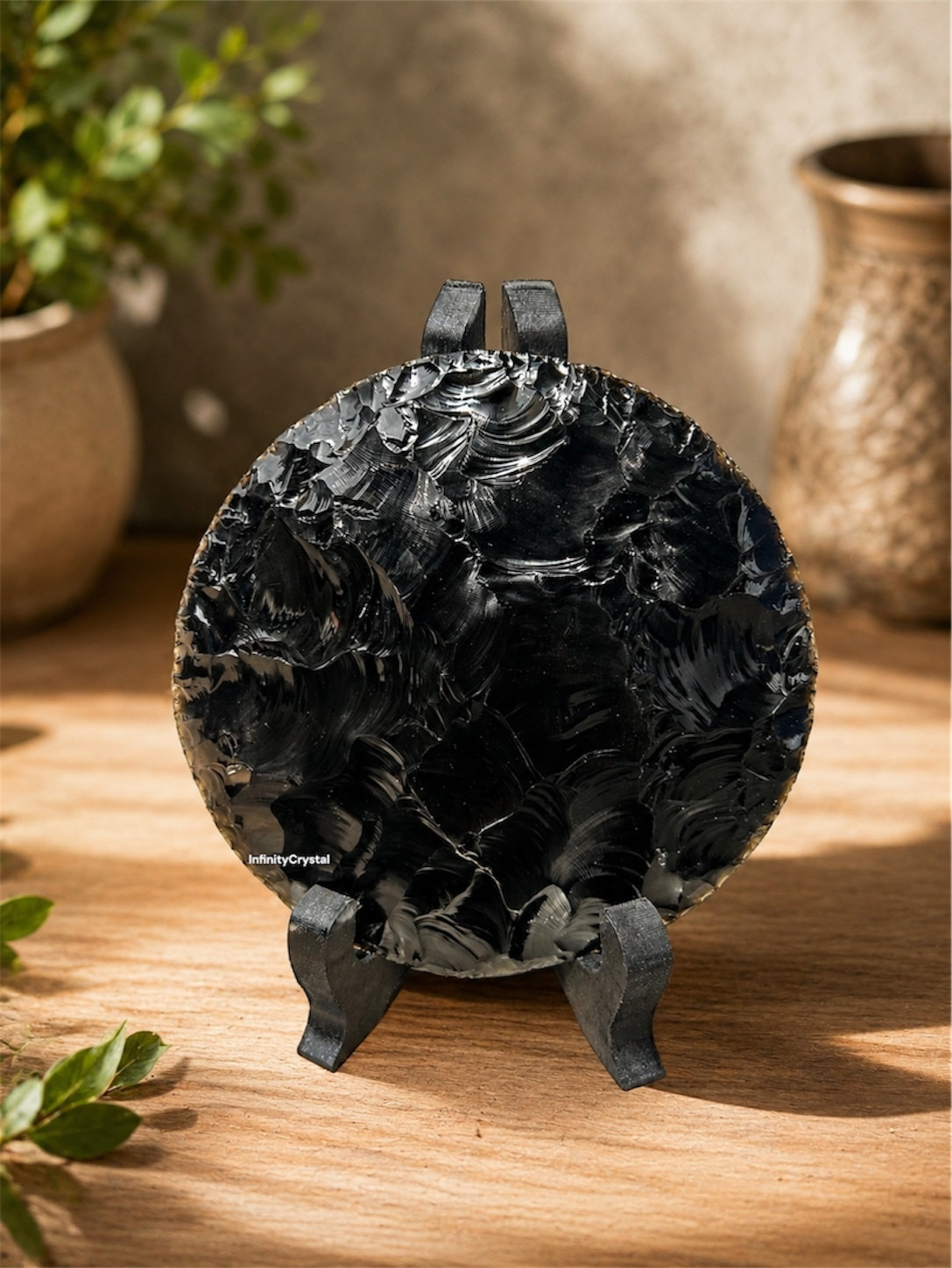 Black Obsidian Disc Round Sculpture Home Office Display Ornament,  Display Stand
