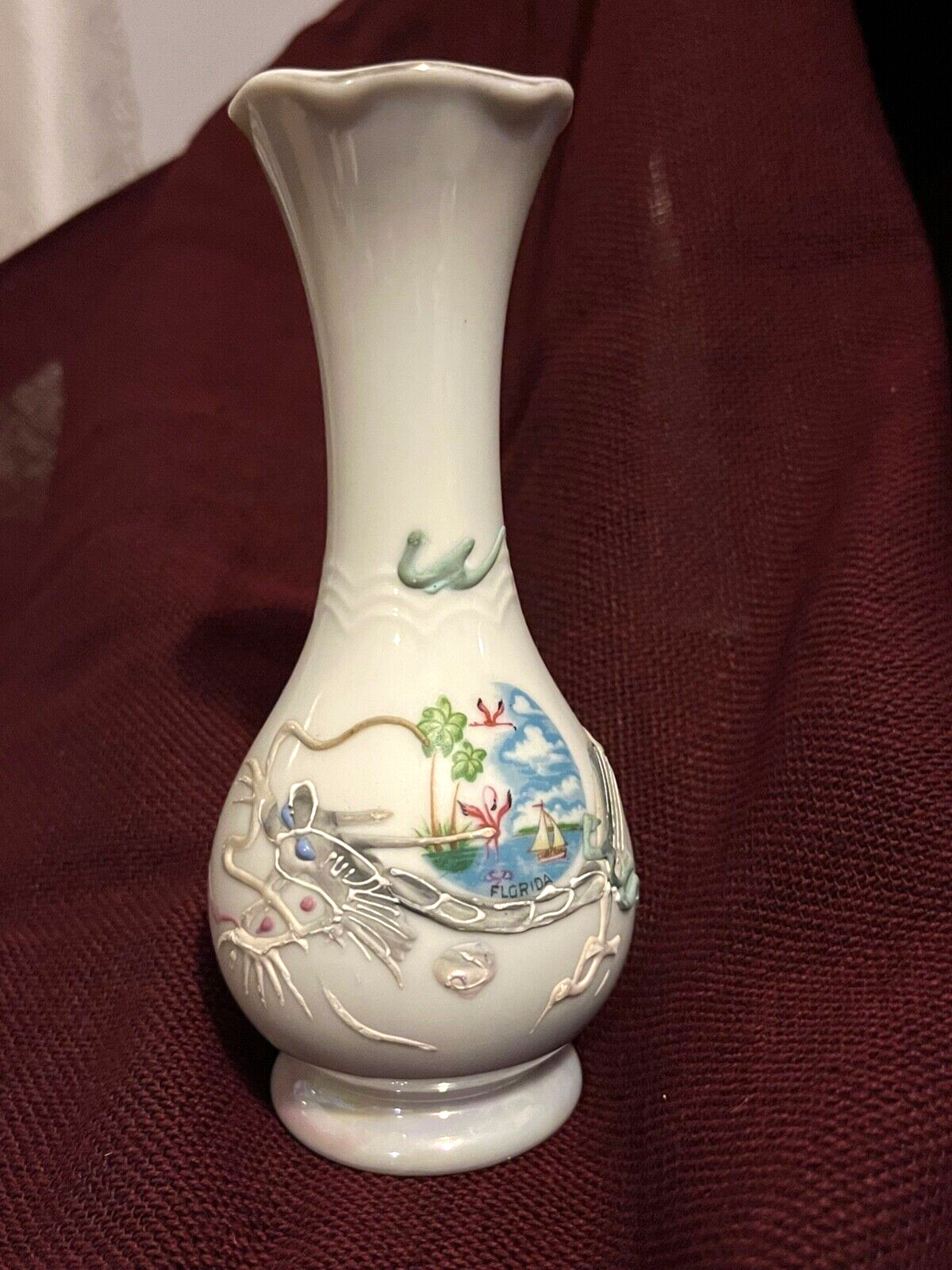 Japanese Moriage Dragonware- 6.25 inch Bud Vase with Florida scene