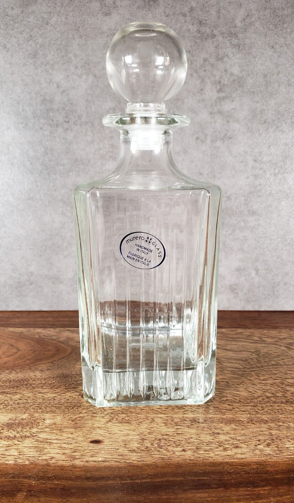 Vintage Murero Clear glass whiskey decanter Handmade in Italy w/ glass stopper