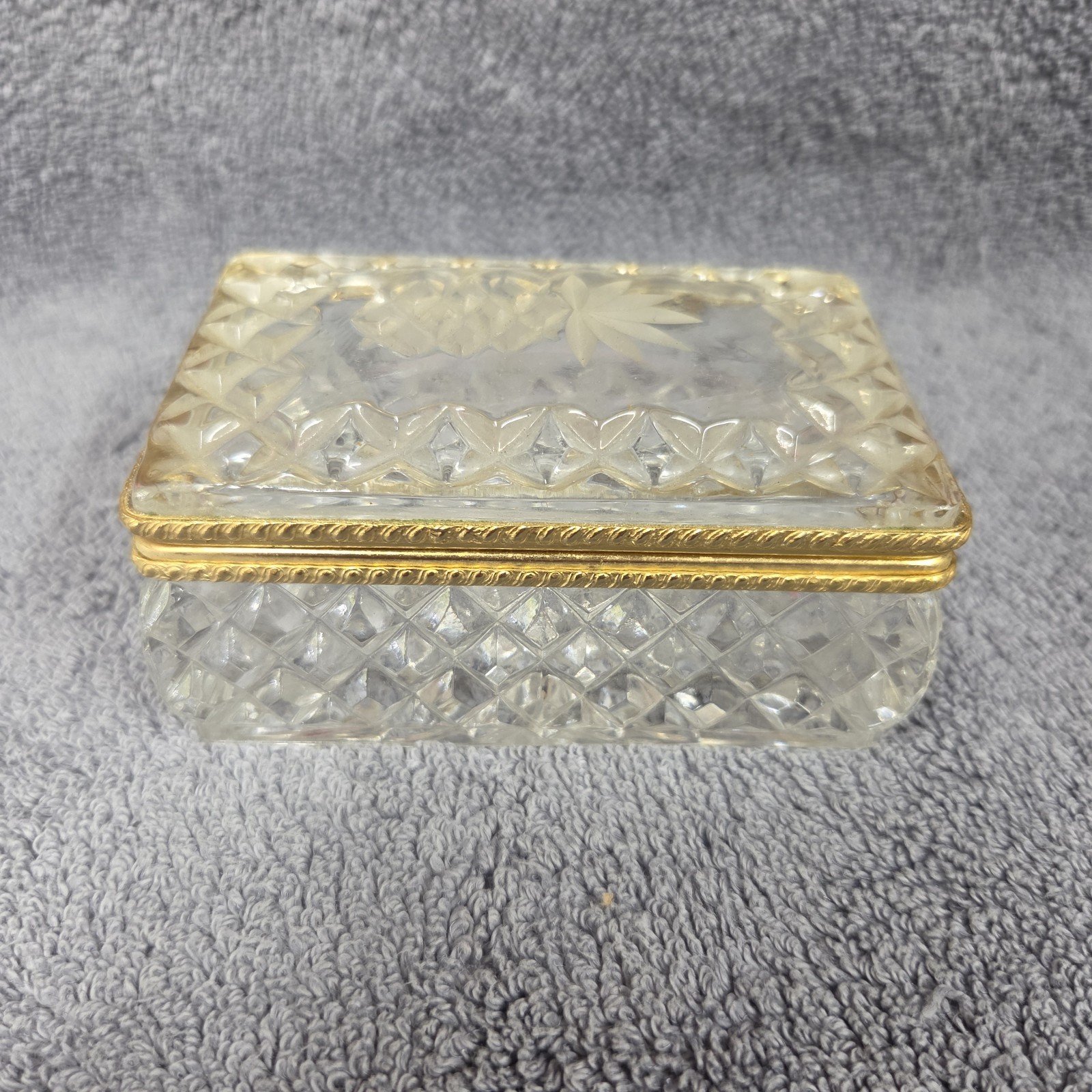 Vintage French Cut Lead Crystal Brass Vanity Jewelry Trinket Casket Box Hand Cut