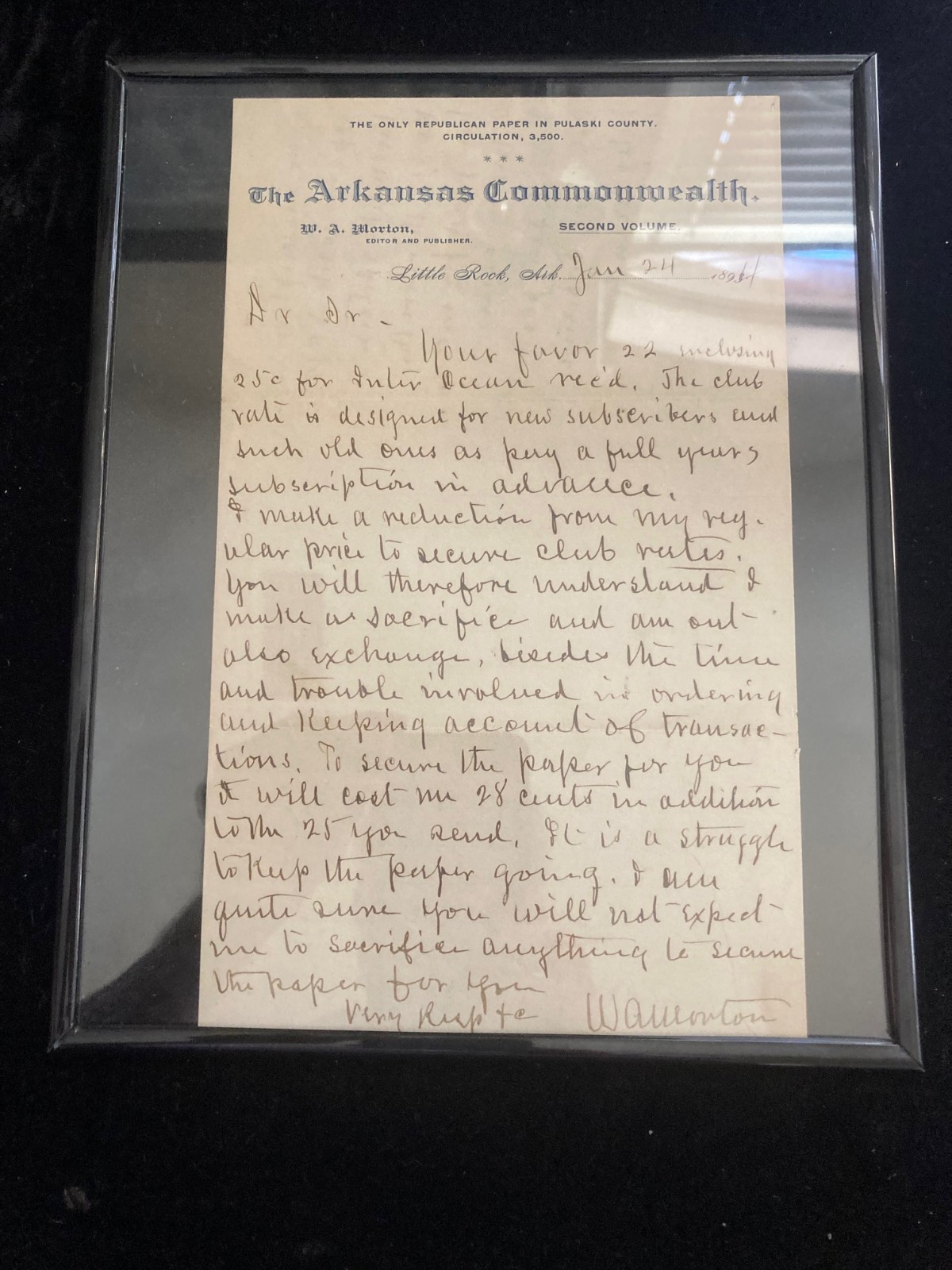 The Arkansas Commonwealth letter from Publisher WA Morton 1894 Rare historical
