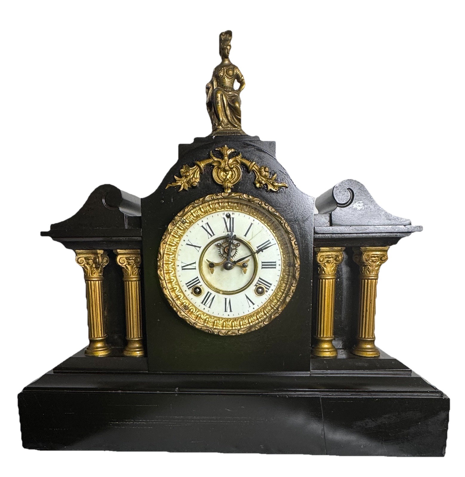 Antique Ansonia Slate Mantle Clock Late 1800\'s Fully Serviced Key And Pendulum