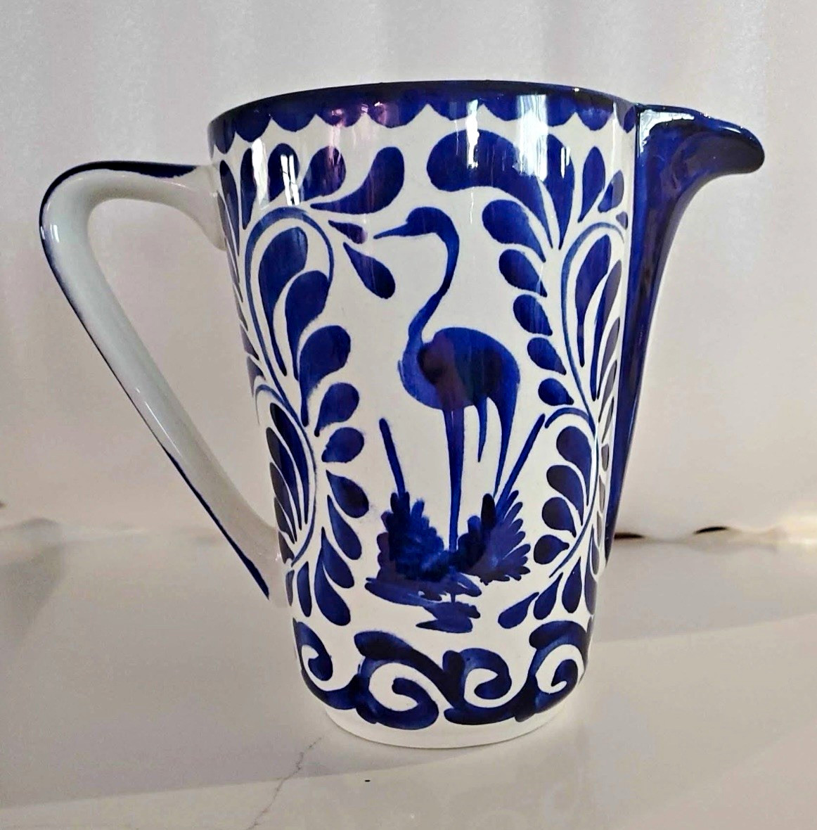 Vintage Mexican Anfora Pottery Pitcher - Puebla Blue and White Hand-Painted Bird