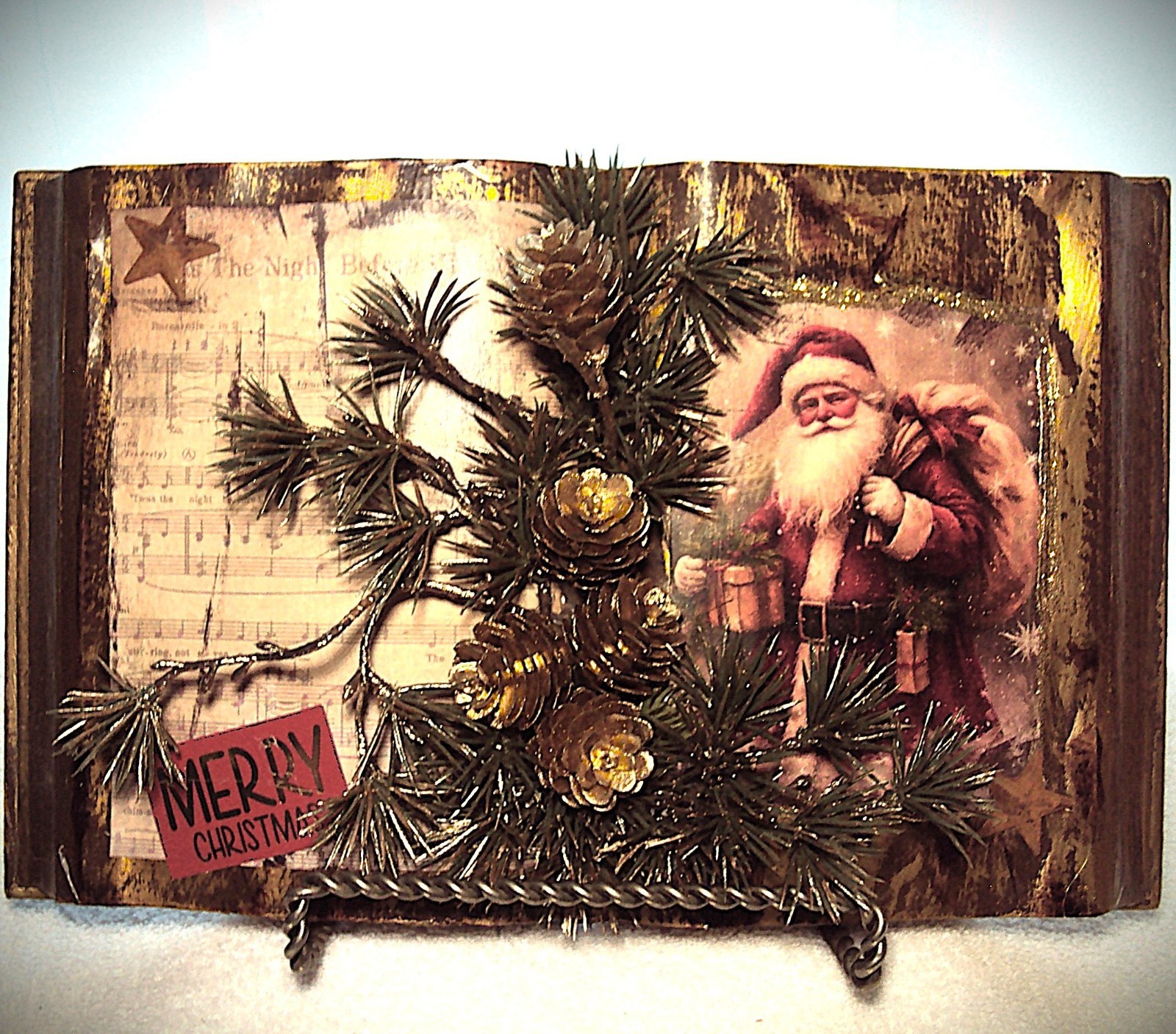 Vintage Style Handmade Santa Art Book Primitive Folk Art Farmhouse Decor Gold