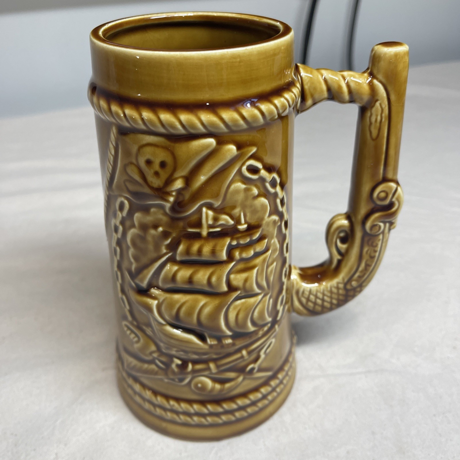 Vintage Nautical Stein Japan Pistol Handle Ceramic Ship Relief Barware