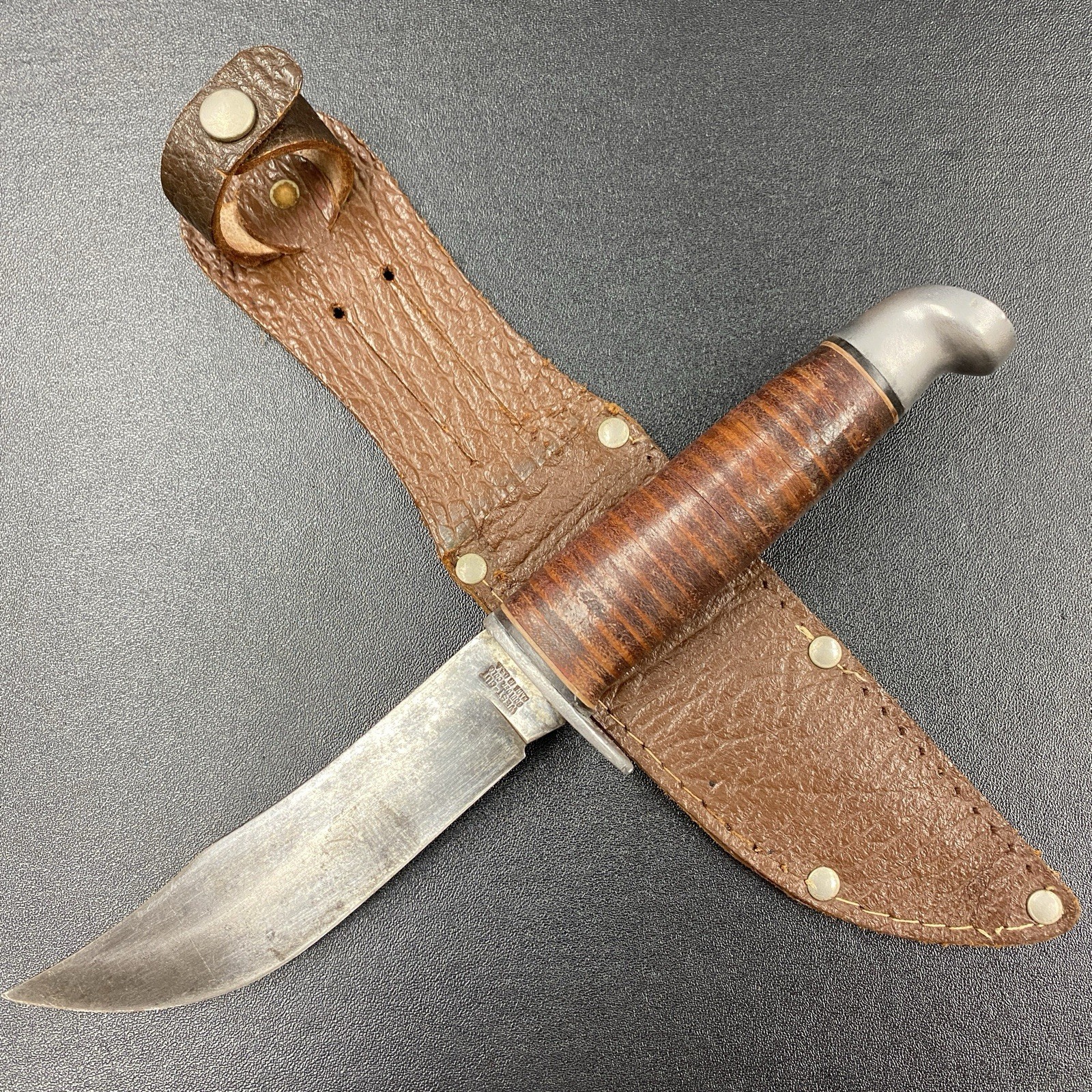 Vintage West-Cut K-5 Hunting Knife Boulder CO USA Stacked Leather Solid Hilt