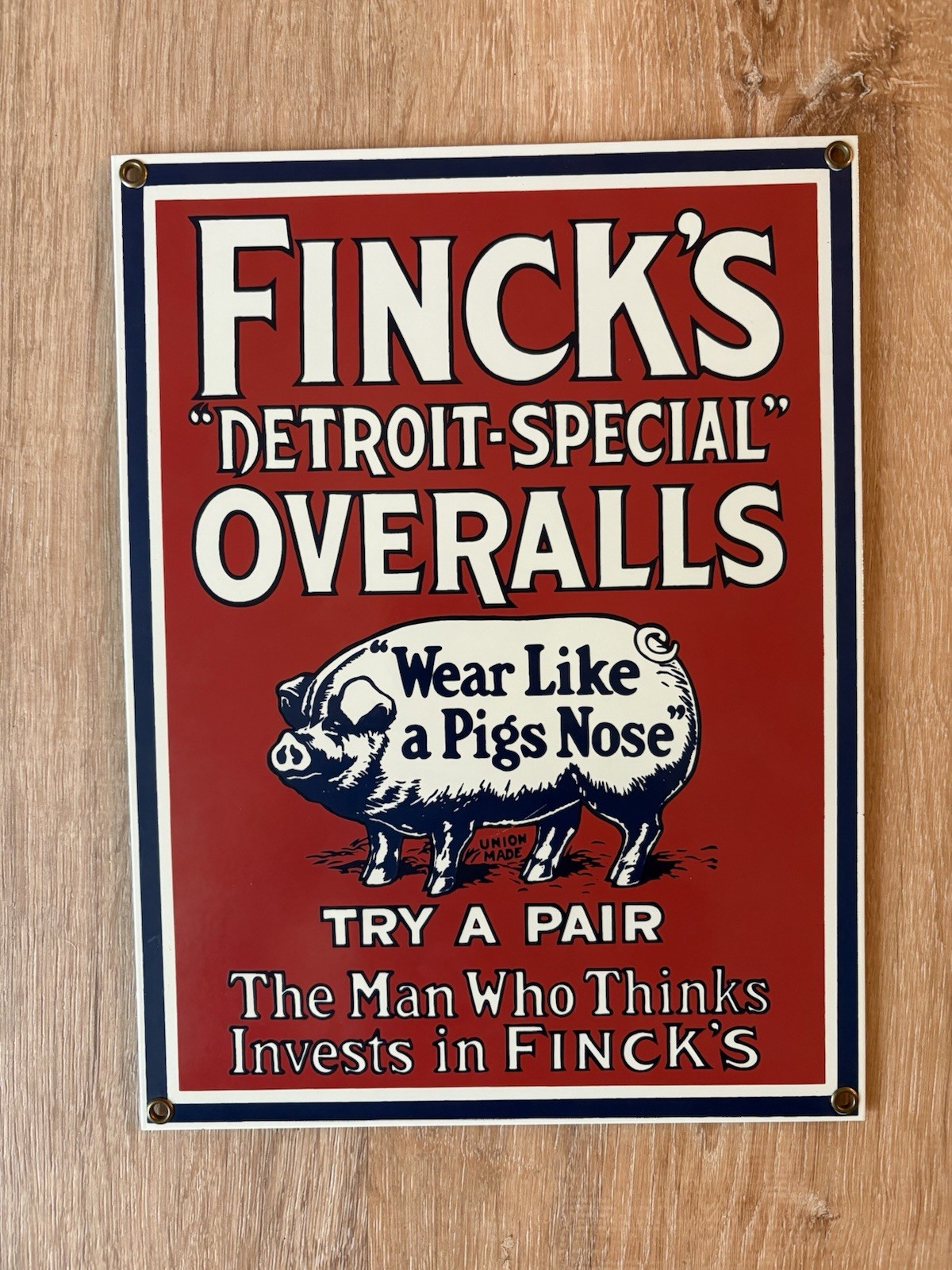 Ande Rooney Finck\'s Detroit-Special Overalls Porcelain Sign Pig Nose