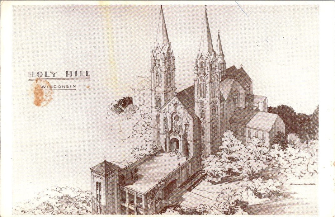 Shrine of Mary Holy Hill Wisconsin 1964 artist drawn postcard a149
