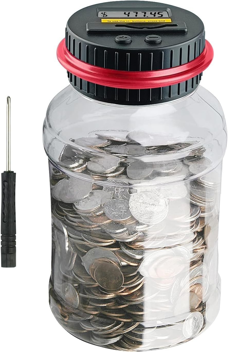 Digital Coin Counter Jar for Adults, 1.8L Capacity with LCD Display