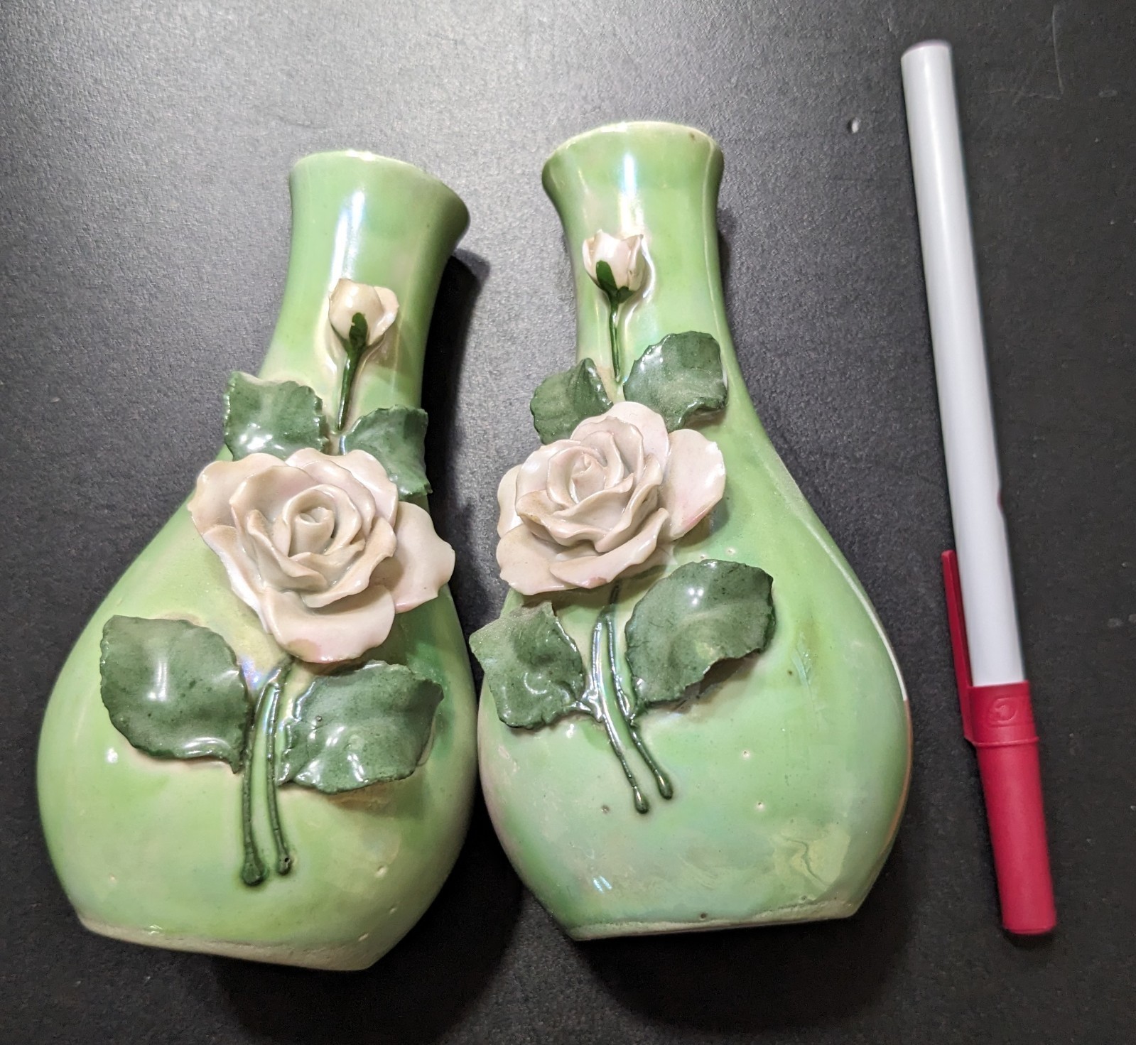 2 vintage small green vases with flower, please read.