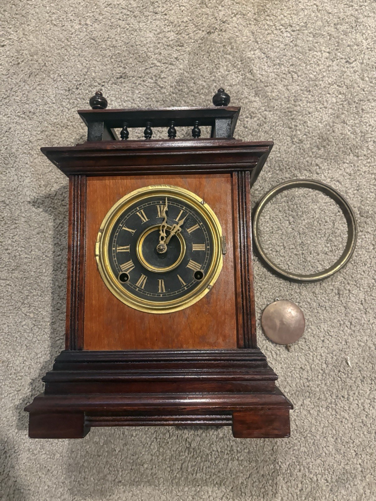 F Kroeber Cabinet No 11 Eight Day Wood Mantel Clock 15.5” For Repair No Glass