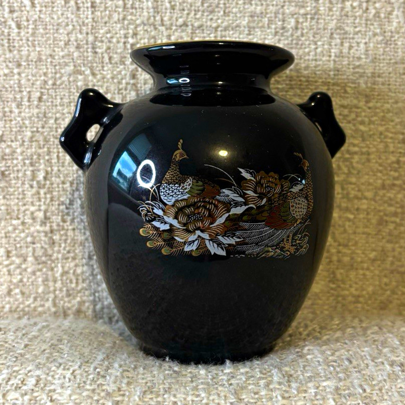 Vintage Japanese Black Porcelain Vase with Gold Peacock and Floral Motif