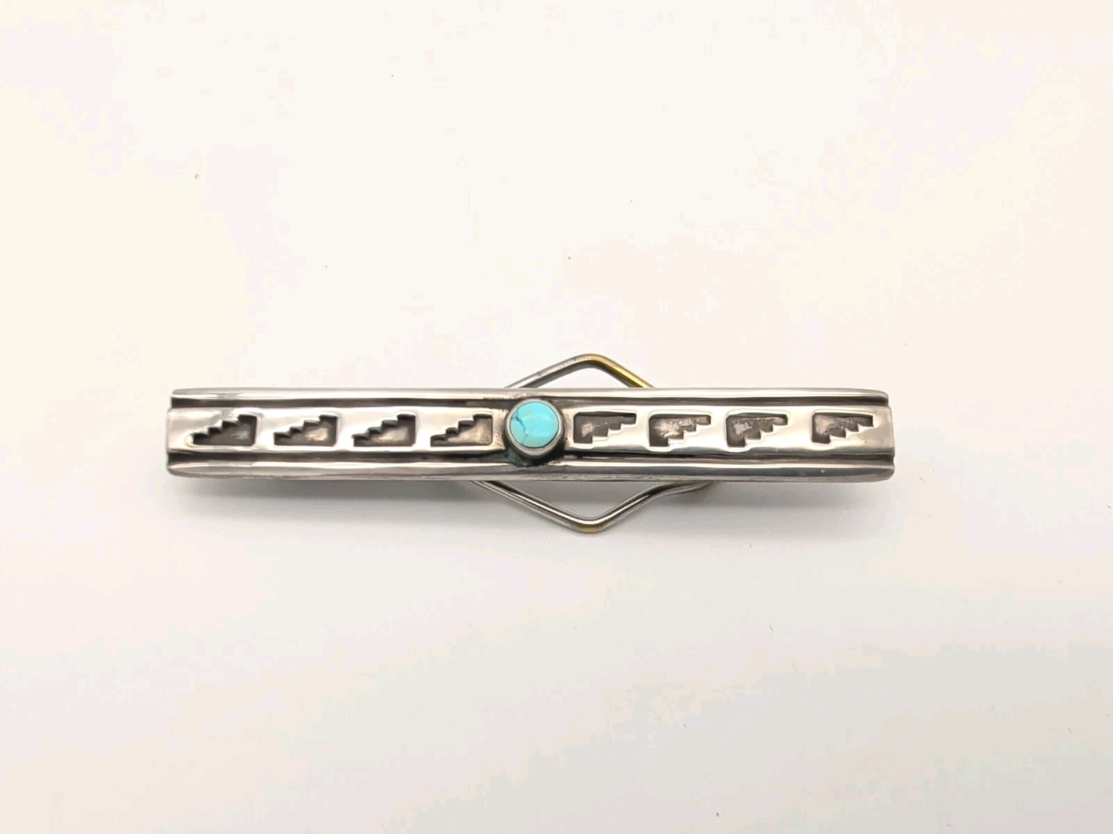 Vtg c1950s Hopi Or Navajo Sterl Silver Overlay Turquoise Tie Bar / Money Clip 3\