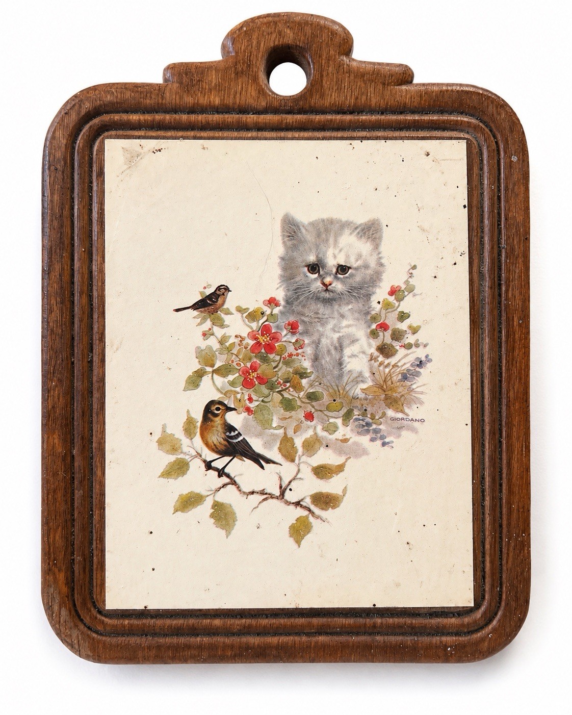 Vintage Giordano Kitten Birds Floral Wood Wall Plaque Cat Art