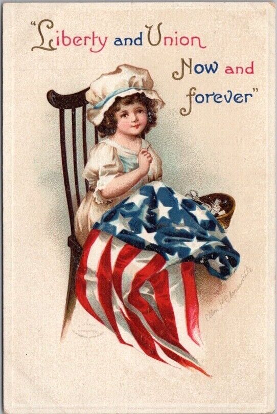 Vintage 1910s Artist-Signed CLAPSADDLE Fourth of July Postcard Girl w/ U.S. Flag