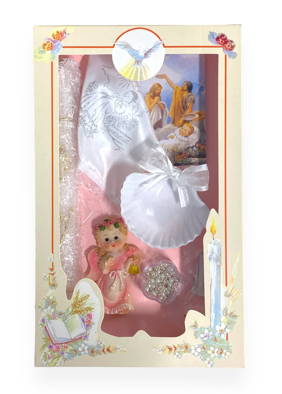 Girls Christening Complete Baptism Candle Box Gift Set English Book Rosary New