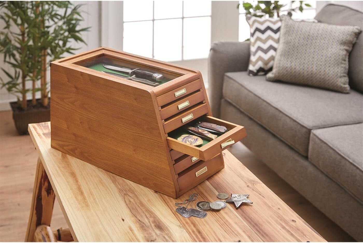 Collectors Cabinet Solid Wood Knives Coin Watches ELEGANT Display Case Glass Top