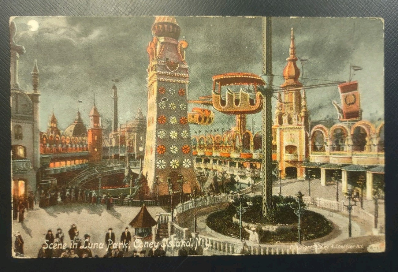 1900s Scene In Luna Park Coney Island NY Postcard New York Amusement Night View 