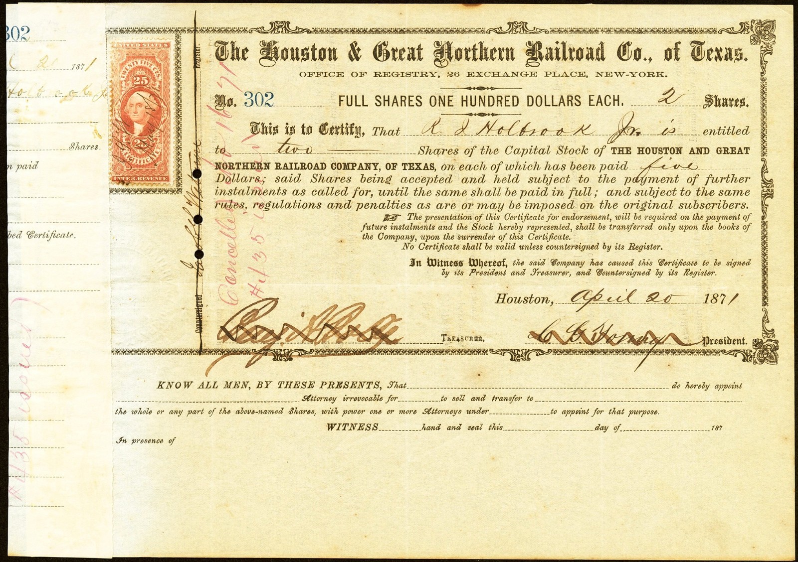 TX $200 The HOUSTON & Southern Railroad Co. of Texas April 20, 1871  Scrip Stock