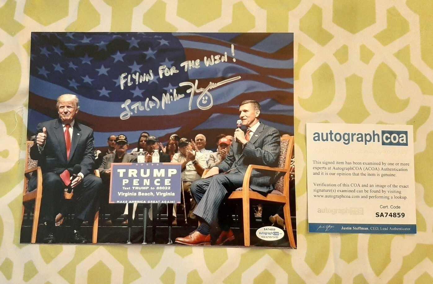 LTG General Michael Flynn signed autographed 8x10 photo ACOA COA #SA74859 Trump