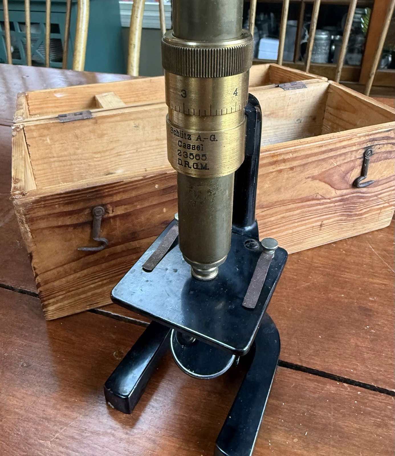 Antique German monocular brass microscope. Schütz A.-G. in Cassel Germany