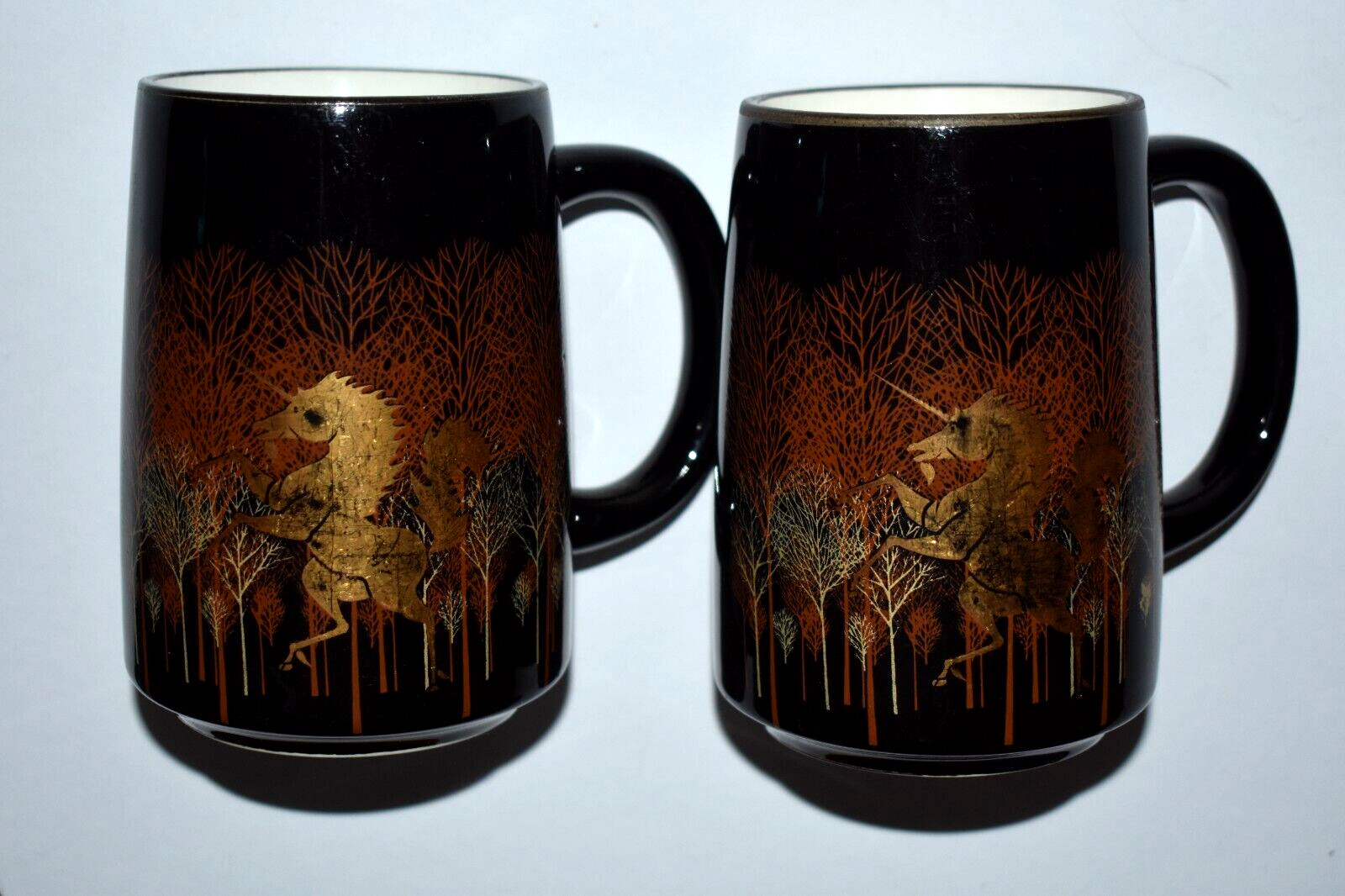 Pair of 15oz Vintage Otagiri Japan Handled Mugs Black w/ Gold Unicorns in Forest