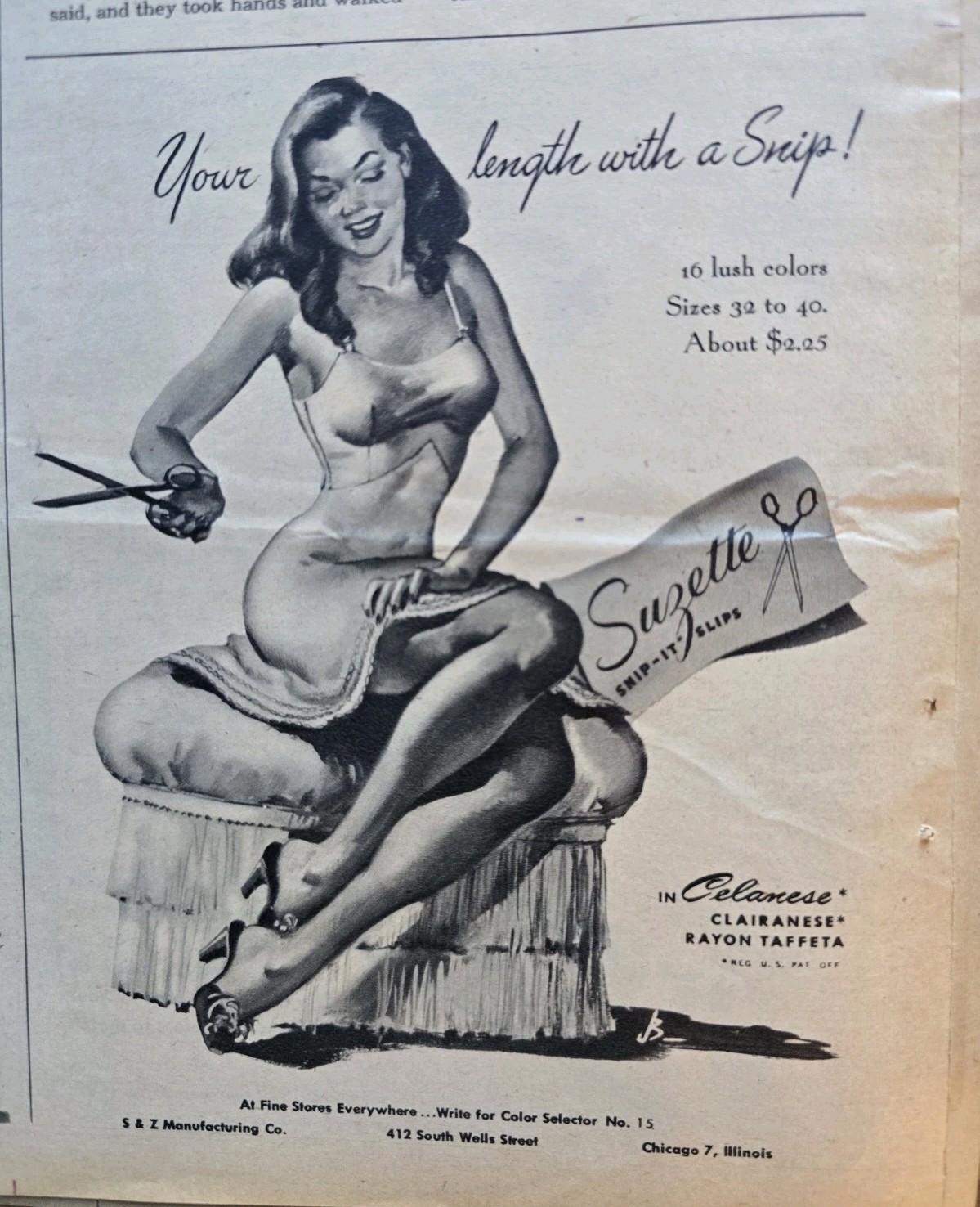 1946 Womens Suzette Slip Your length with a snip  Vintage fashion art ad