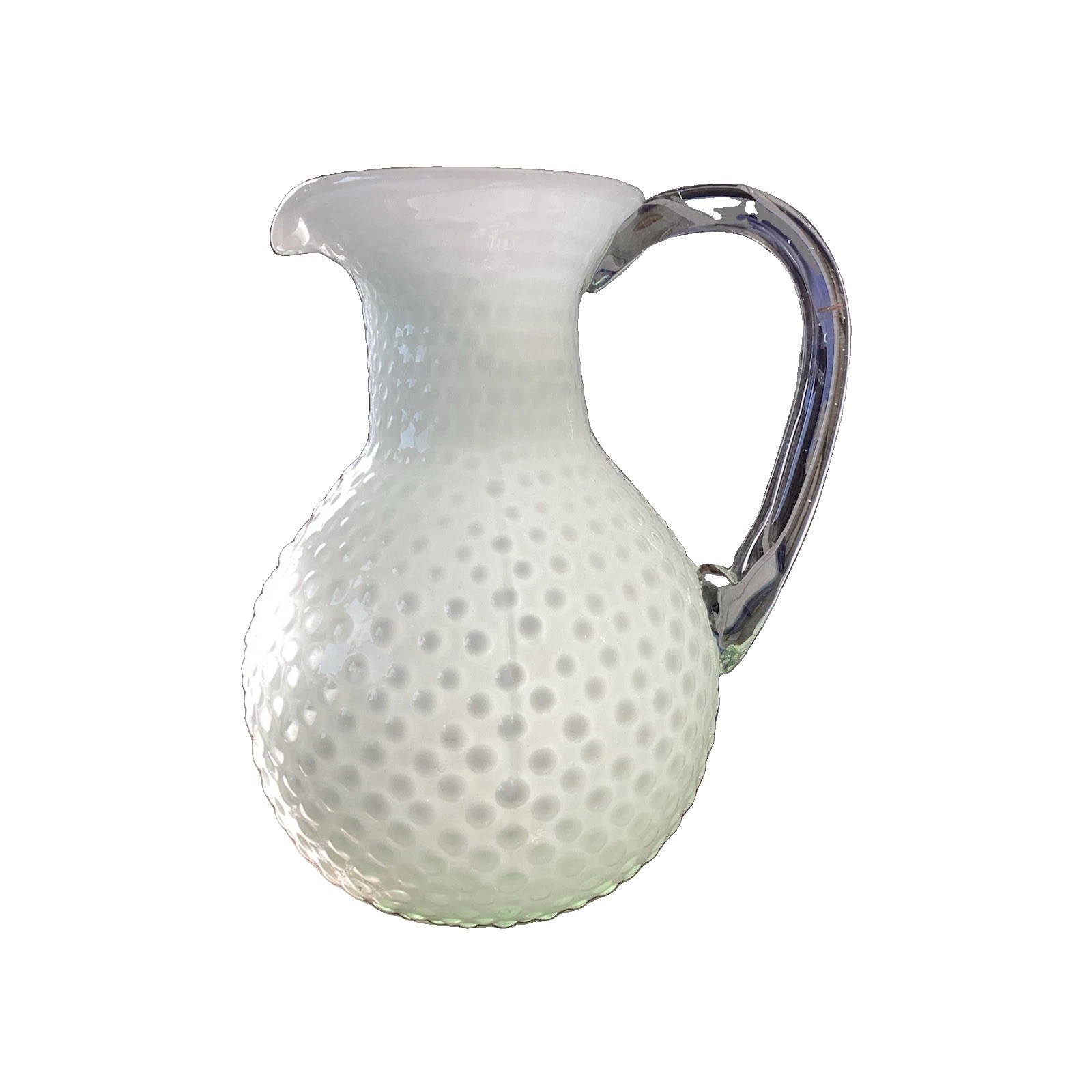 Gorgeous Vtg White  W/Green Tint Hobnail Art Glass Pitcher . Clear Handle 11”