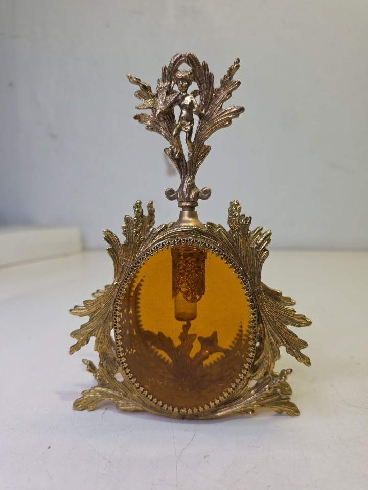 Vintage Ormolu Style Amber Glass Perfume Gold Tone Metal Read Post Pls