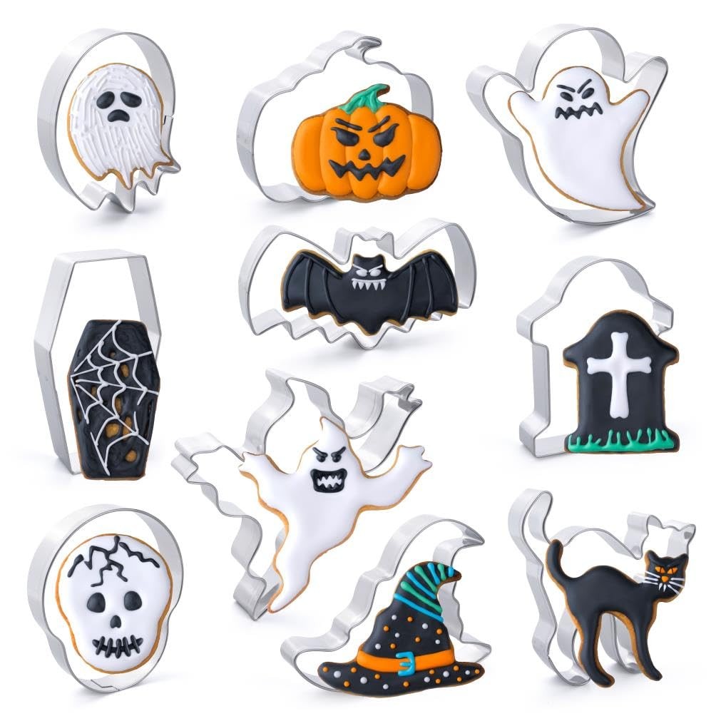 Halloween Cookie Cutters Set 10Pieces - Bat, Ghost, Pumpkin, Cat, 10, Silver Halloween Cookie Cutters Set 10Pieces - Bat, Ghost, Pumpkin, Cat, 10, Silver