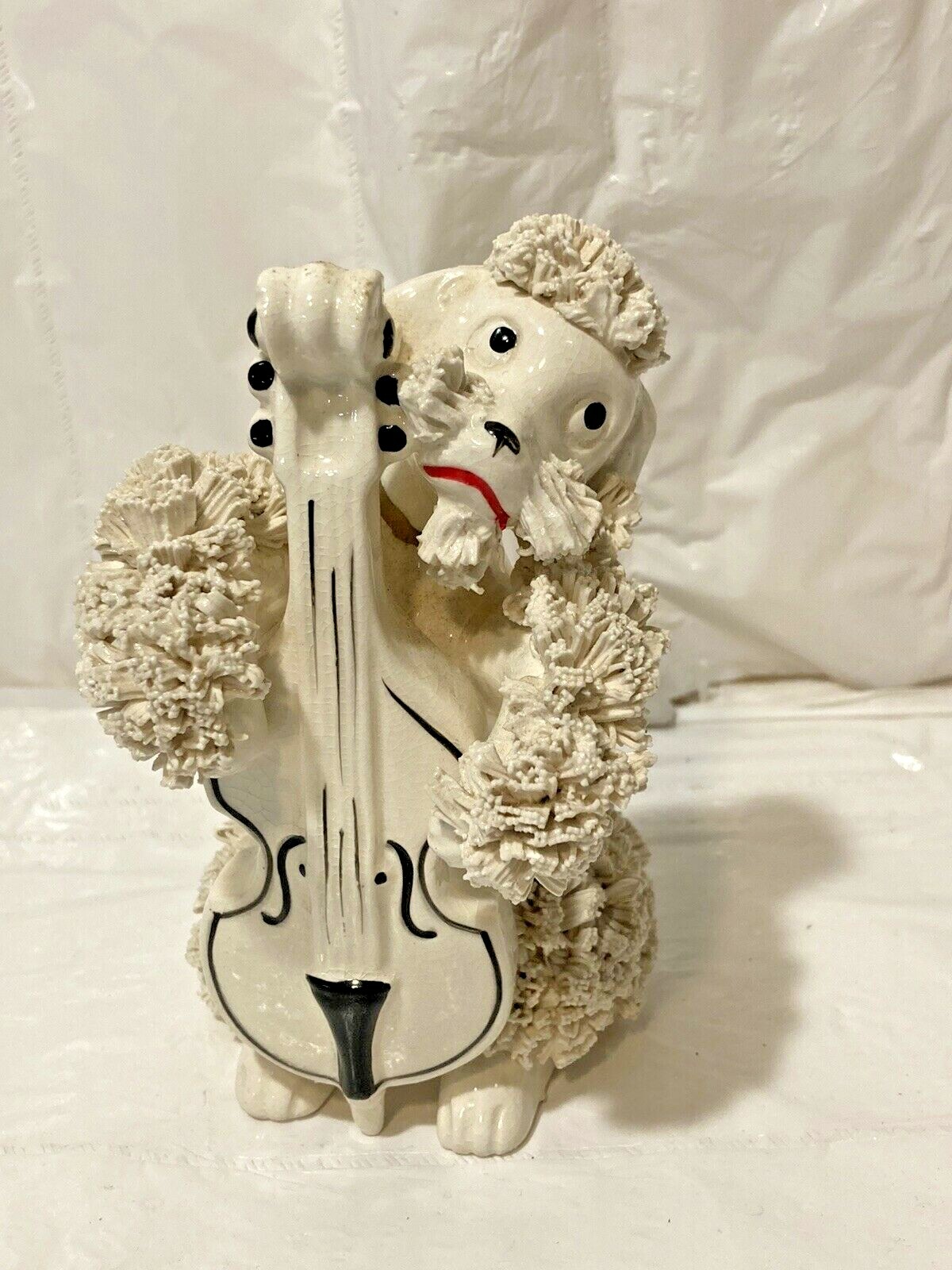 Vtg MCM Japan White French Poodle Dog Spaghetti Trim Figurine w Cello 5.5\