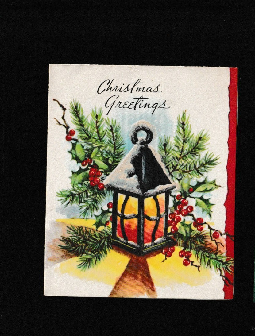 Vtg  Greeting Card Merry Christmas Mica Light Post Pine Holly Berries NOS