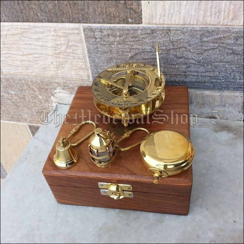 Antique Solid Brass Compass With Bell Key Chain With Brown Wooden Box Gift