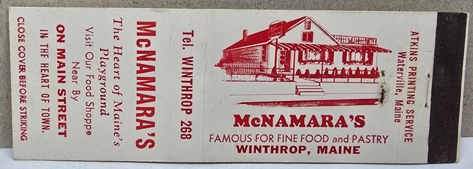 Vintage Matchbook Cover McNamara’s Restaurant Winthrop Maine ME Main Street