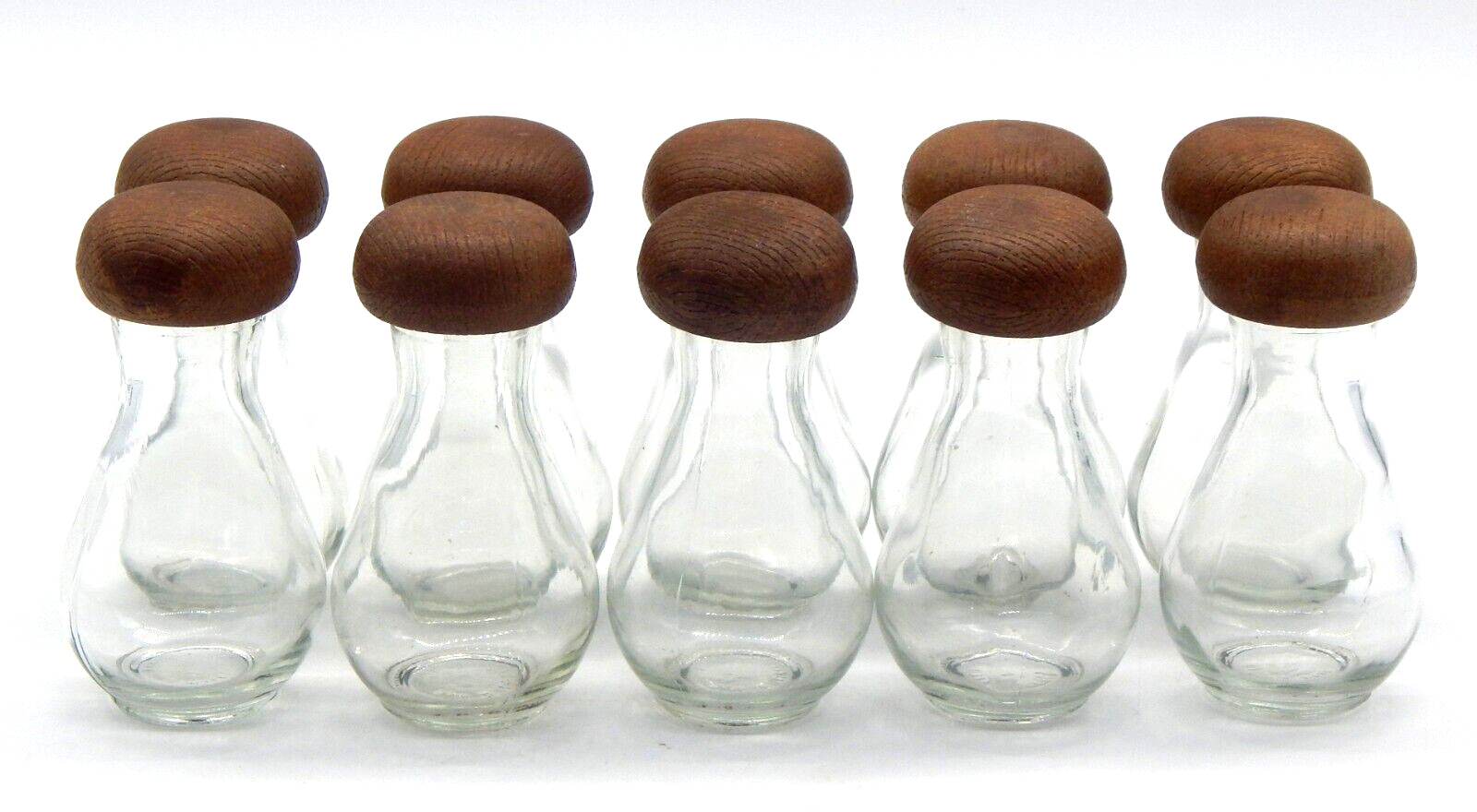 (10) Vintage 1970's Set of Glass Mushroom Shaped Spice Jars With Wood Screw Lids