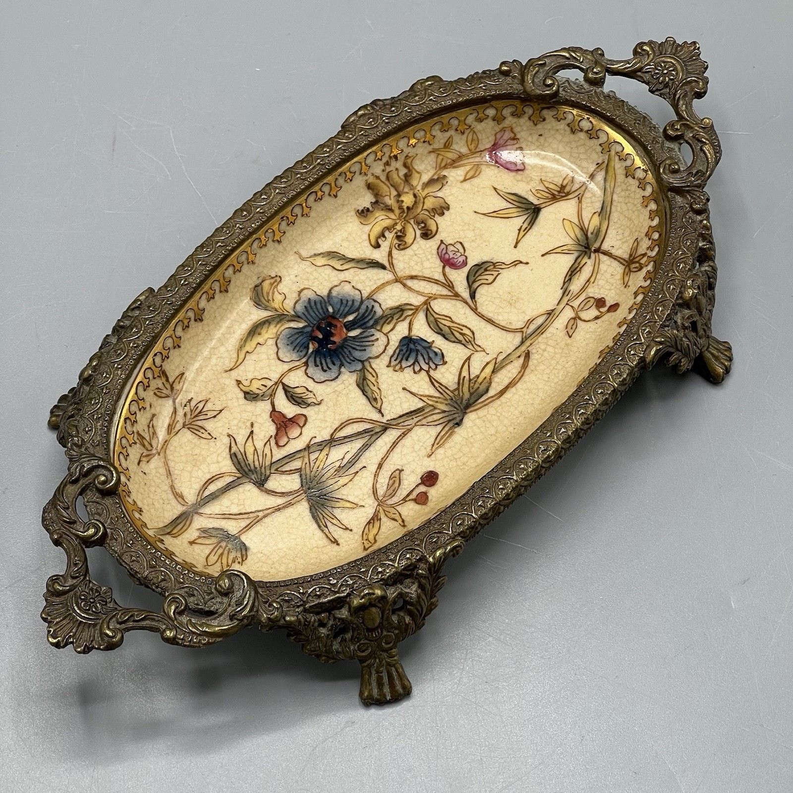 Vintage Hua Yong Tang Zhi Antique Replica Porcelain & Brass Footed Trinket Tray