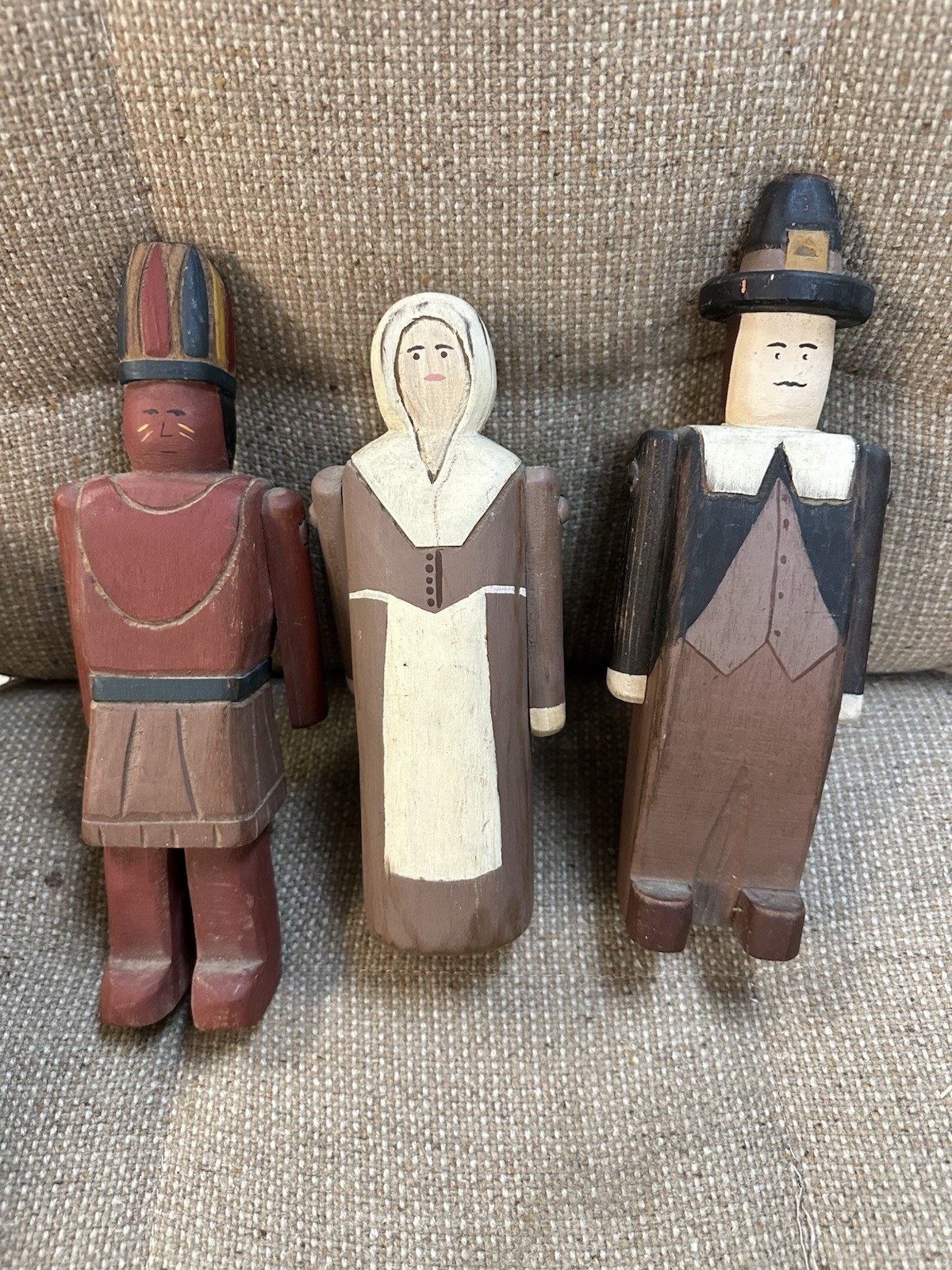 Wolf Creek Hand Carved Thanksgiving Pilgrims & Native American Figurine Set of 3