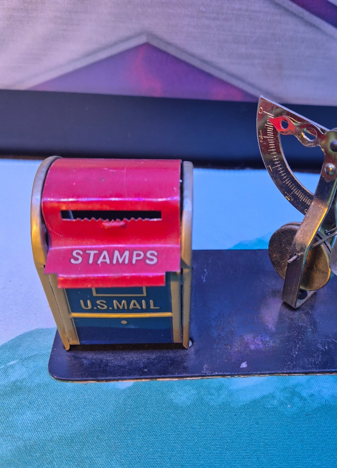 Vintage US Mail Mailbox Stamp Holder Postal Letter Scale Tin Metal Desk Ounces