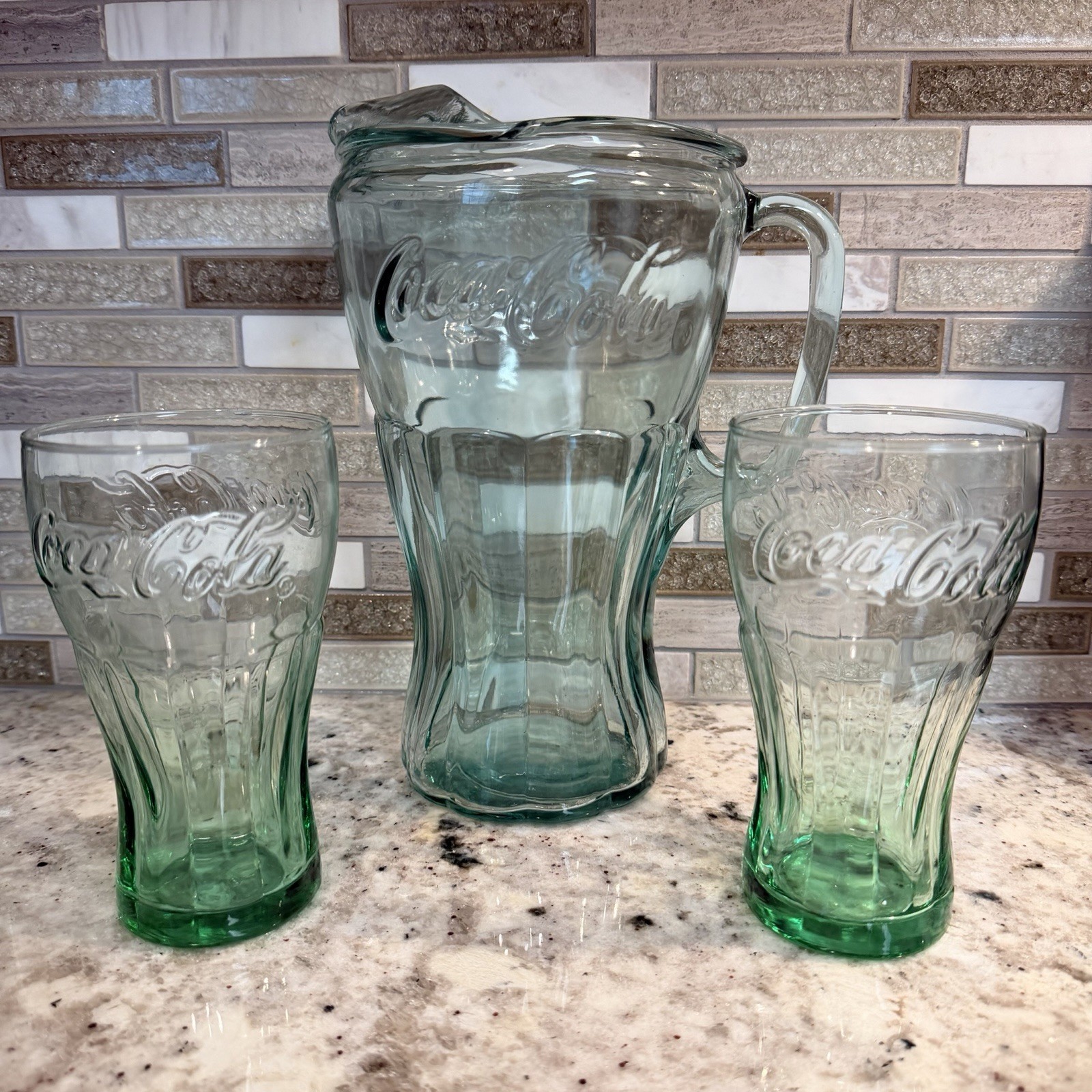VTG 70s Coca Cola Heavy Glass Georgia Green Pitcher And Glasses Rare Defect