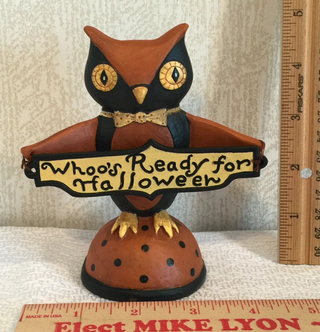 Jenene Mortimer ESG Halloween Owl - Orange & Blk - Folk Art Figurine     (J93)