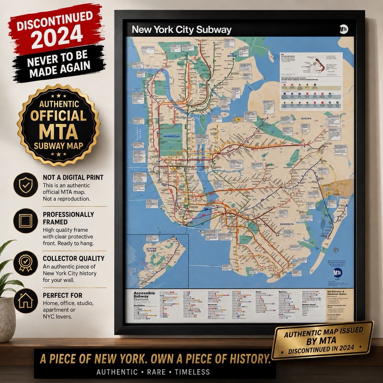 DISCONTINUED 2024 Official MTA NYC Subway Map — Original Framed 24x34