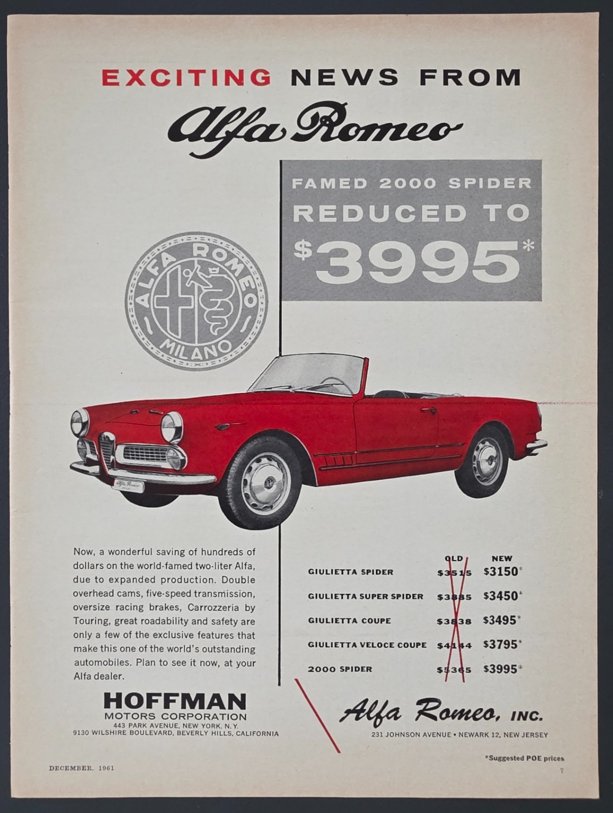 1961 PRINT AD Alfa Romeo 2000 Spider \