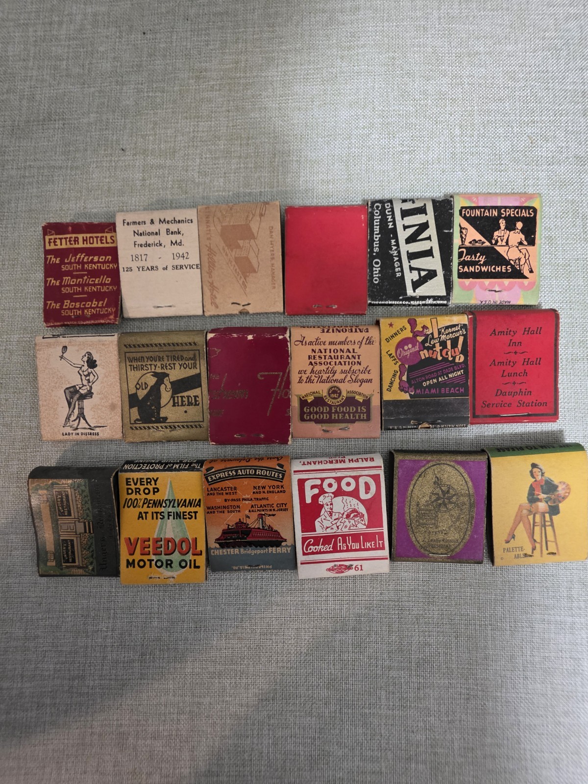 Lot Of 18 1930s, 1940s Matchbooks, Some Full Color Features