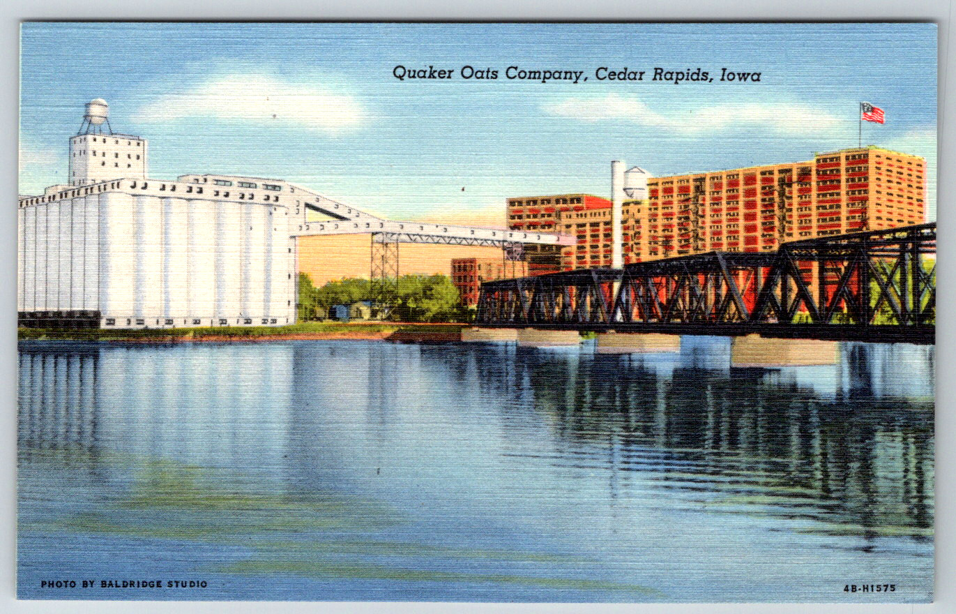 c1940s Quaker Oats Company Cedar Rapids Iowa Bridge Linen Postcard