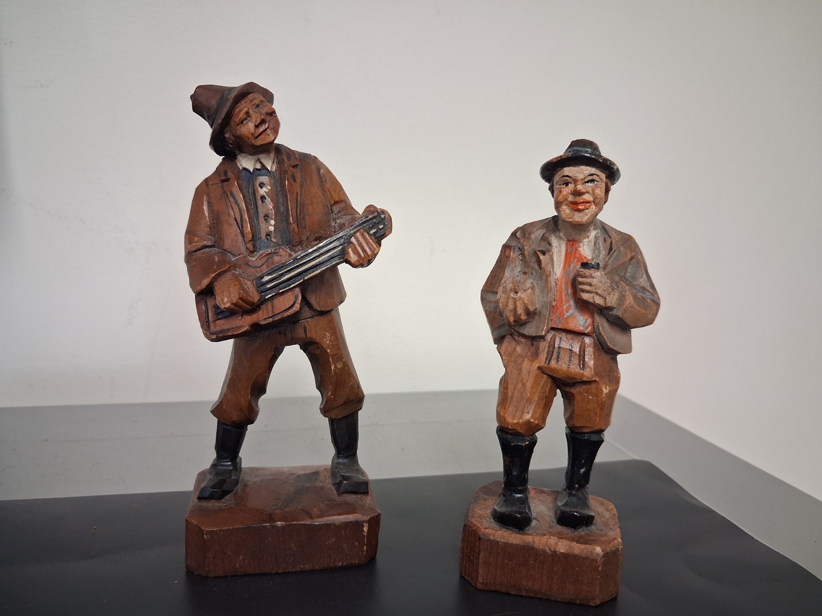 2 Vintage ANRI  Hand Carved Wooden Figures Playing Instrument- 