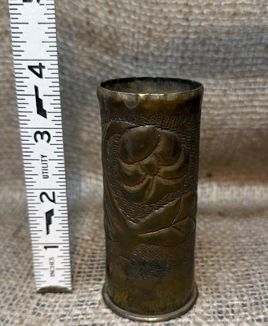 Vintage WWI Trench Art Artillery Brass Shell Casing - Floral Design 1917 French